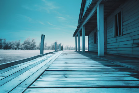 Wooden pier with blue sky background, vintage toned picture.の素材