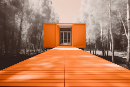 3d render of an orange door in a park with trees in the backgroundの素材