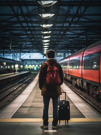 Back view of young man with backpack standing on platform and looking at train stationの素材