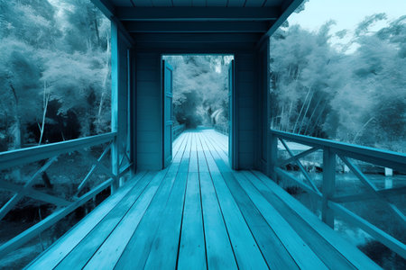 Wooden bridge in the forest. Blue toned. 3d renderingの素材