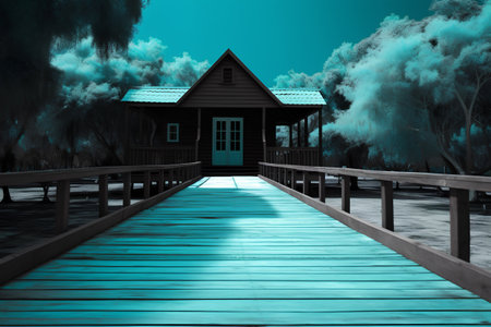 Wooden house in the forest with blue sky. 3d renderの素材