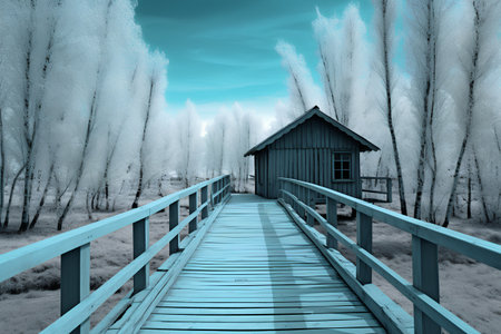 Wooden bridge over the river in winter forest. 3d renderの素材