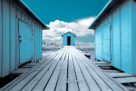 Wooden beach huts with blue sky and clouds. Toned.の素材