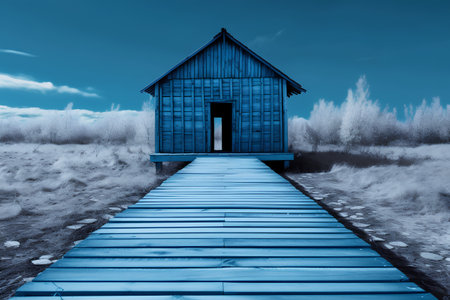 Wooden hut in the field. Blue toned. 3d renderの素材