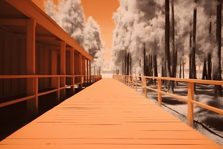Wooden walkway in the forest at sunset, 3d renderの素材