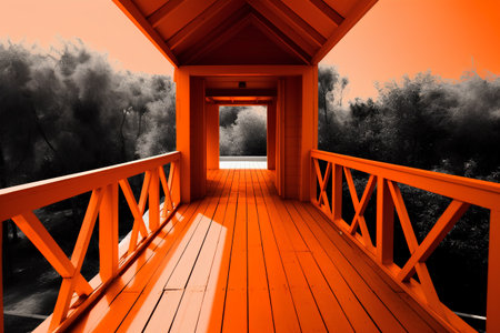 3d illustration of red wooden bridge over the river with a view of the forestの素材