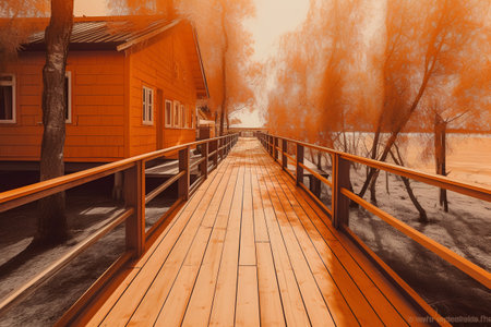 Wooden bridge in the autumn park. 3D illustration. Vintage style.の素材