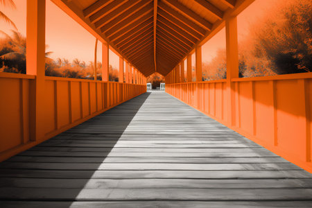 Wooden walkway in the orange bridge. 3D rendering.の素材