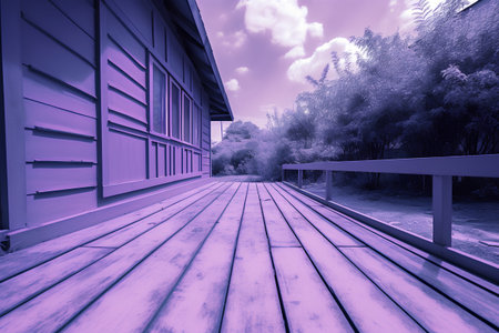 Wooden terrace with blue sky and purple clouds in the backgroundの素材