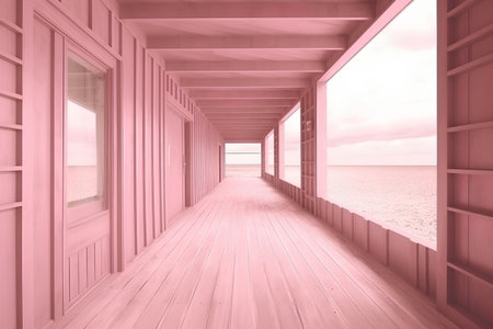 Wooden corridor on the beach, 3d render, square imageの素材
