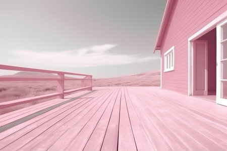 Wooden terrace with pink wall and blue sky, 3d renderの素材