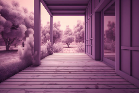 Wooden terrace with a view of the forest. 3d renderingの素材