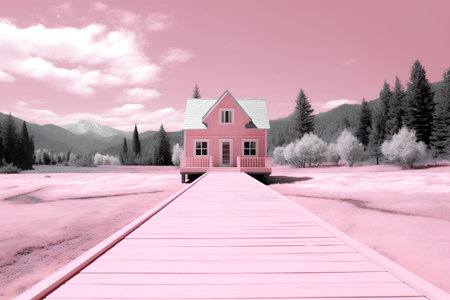 pink house on the wooden path in the meadow with mountainsの素材