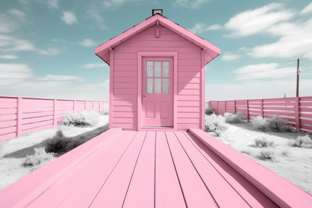 Pink wooden house in the countryside. 3d render. Pink color.の素材