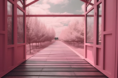pink wooden corridor in the garden with sky and clouds, 3d renderの素材