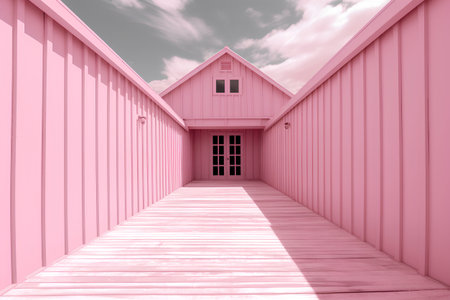 3D render of a pink wooden house with a door leading to the skyの素材