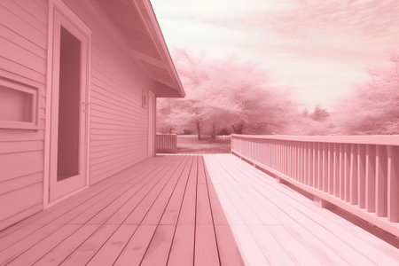 Beautiful view of the veranda of the house with pink wooden wallsの素材
