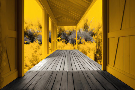 Wooden corridor with yellow walls and wooden floor. 3D renderingの素材