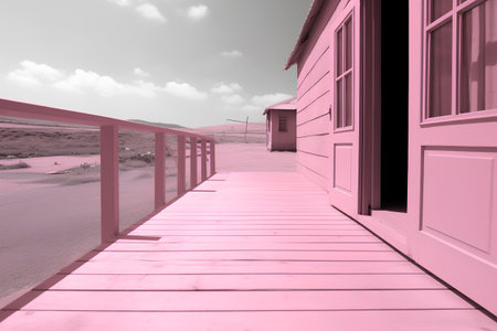 pink wooden house on the beach and blue sky in retro styleの素材