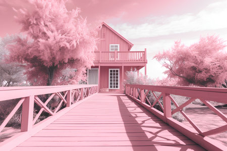 Wooden bridge over the river with pink sky. 3d renderingの素材