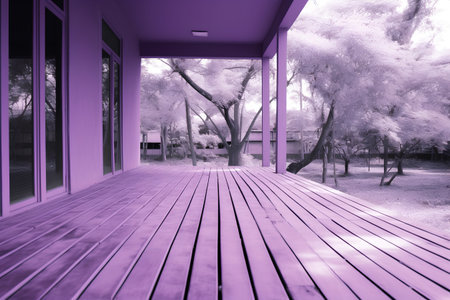Wooden floor with purple wall in the park. Vintage style.の素材