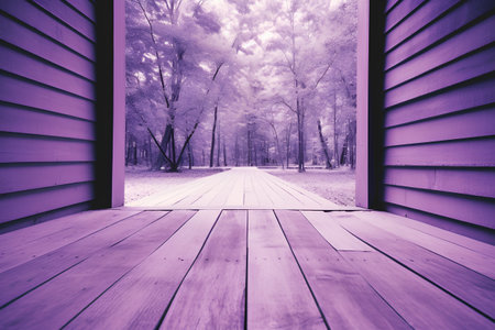 Wooden floor and purple wall in the forest. Nature background.の素材