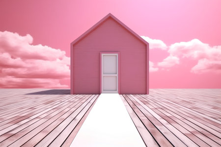 house with door on wooden floor in pink sky illustration 3D renderingの素材