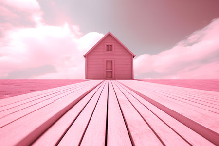Wooden floor with pink house in the sky. 3d renderの素材