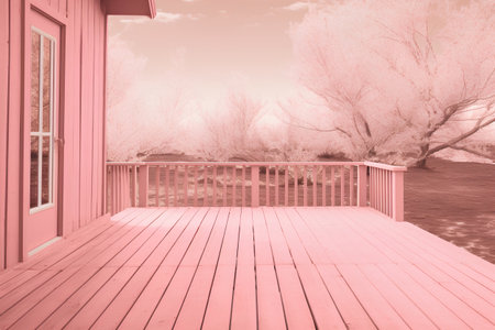 Wooden terrace with view of the lake. Filtered image processed vintage effect.の素材