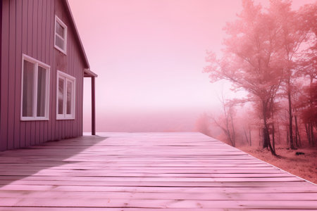 Wooden path leading to the house in the morning fog. 3d renderingの素材