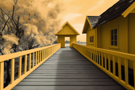 Wooden bridge leading to a yellow house. 3d render.の素材