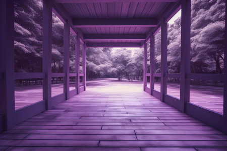 Wooden corridor in the park in purple tone. 3d renderingの素材