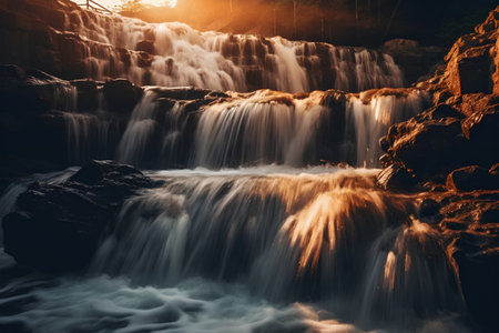 Beautiful waterfall in the forest at sunset. Toned image.の素材