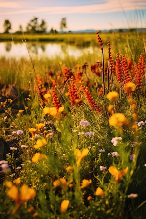 Wildflowers on the bank of a lake at sunset in summerの素材