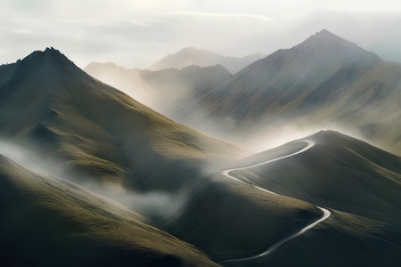 Mountain landscape with winding road in the mist. 3d renderの素材