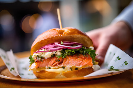 Hamburger with smoked salmon, cheese, onion and arugulaの素材