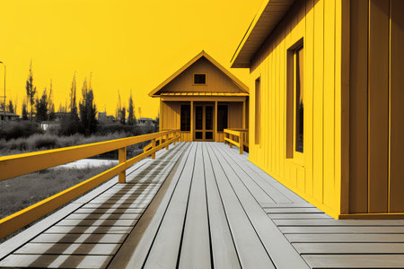 Yellow wooden house with yellow walls and wooden floor. 3d renderingの素材