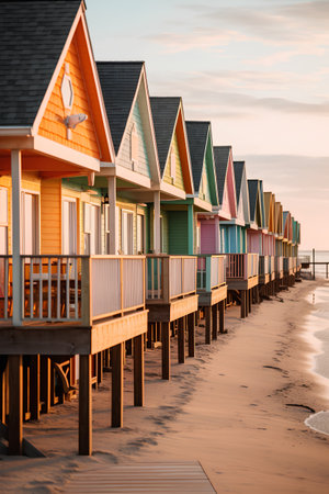 Beach huts at sunset on the Baltic Sea in Poland.の素材