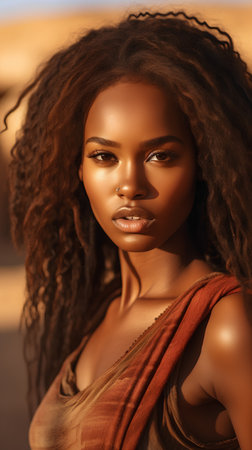 Beautiful african american woman with afro hairstyle and makeup. Fashion portrait.の素材