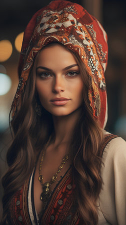 Portrait of beautiful young woman with oriental headscarf.の素材