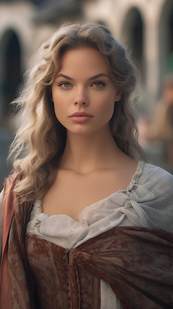 Portrait of beautiful young woman in medieval dress. Retro style.の素材