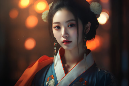 Portrait of a beautiful asian geisha in kimonoの素材