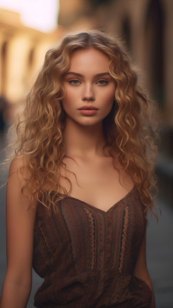 Portrait of a beautiful young woman with long curly hair. Beauty, fashion.の素材
