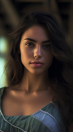 Portrait of a beautiful young woman with long curly hair. Close-up.の素材