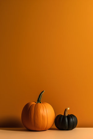 Two pumpkins on orange background with copy space. Halloween concept.の素材