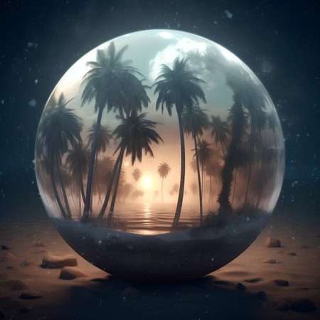 Palm trees in a crystal ball on the beach. 3d renderingの素材