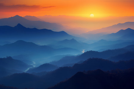 Beautiful sunset in the mountains. Landscape with mountains and fog.の素材