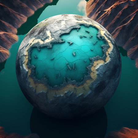 3d render of fantasy planet in blue water with lake and rocksの素材