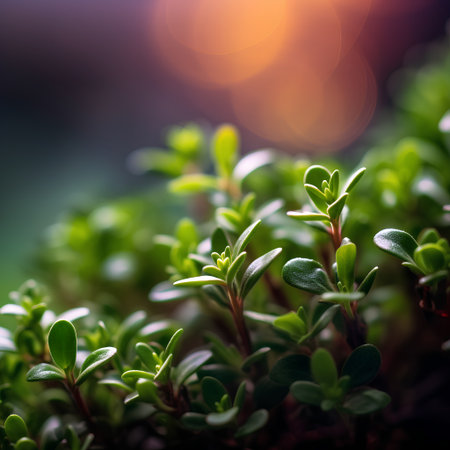 Sprout of thyme in the garden. Macro shot. Selective focus.の素材