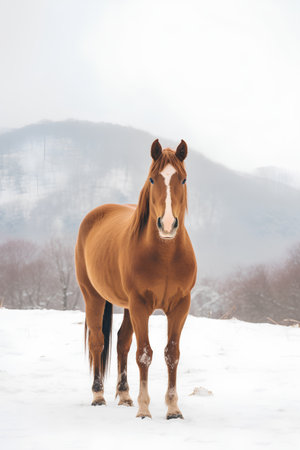 Horse in winter field. Beautiful horse in the snow on the background of mountains.の素材